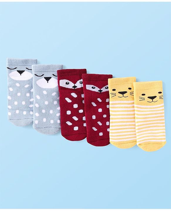 Cute Walk by Babyhug Terry Knit Ankle Length Antibacterial Striped Socks with Polka Dots & Animal Design Pack of 3 - Light Blue Yellow & Red