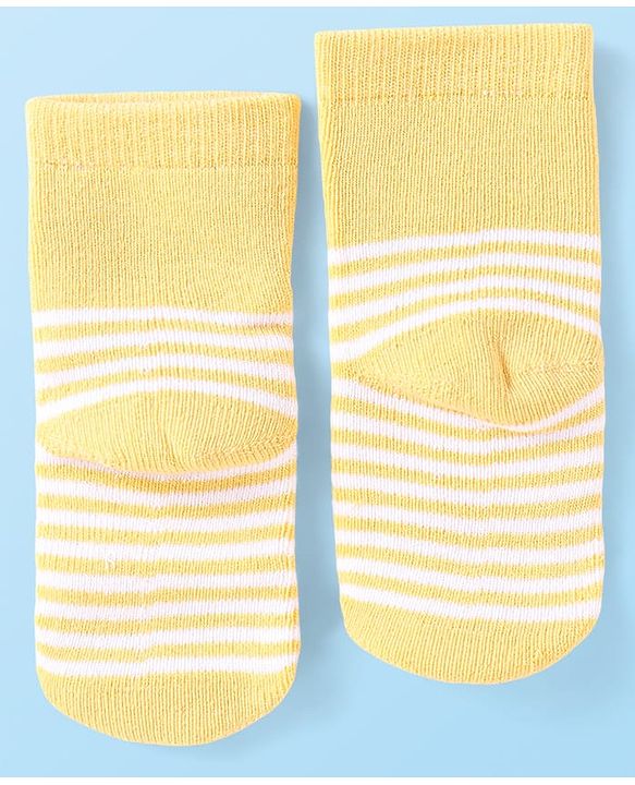 Cute Walk by Babyhug Terry Knit Ankle Length Antibacterial Striped Socks with Polka Dots & Animal Design Pack of 3 - Light Blue Yellow & Red