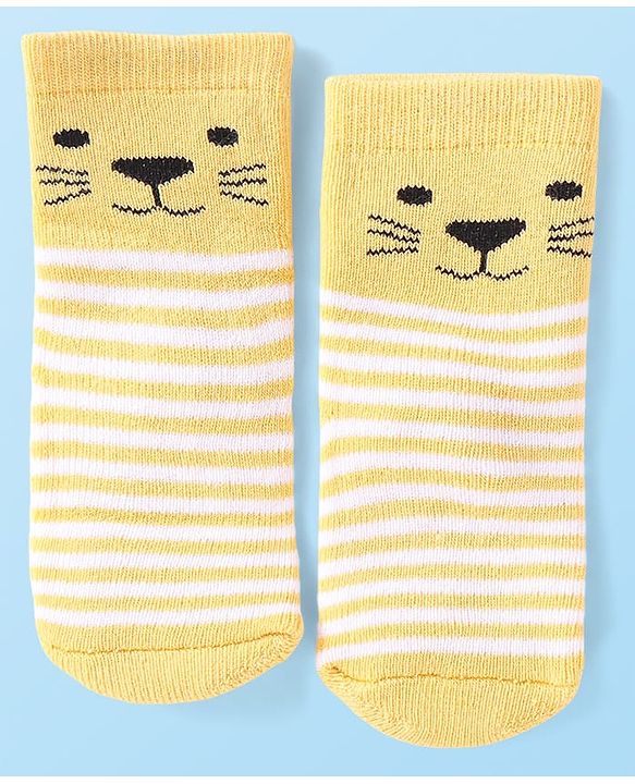 Cute Walk by Babyhug Terry Knit Ankle Length Antibacterial Striped Socks with Polka Dots & Animal Design Pack of 3 - Light Blue Yellow & Red