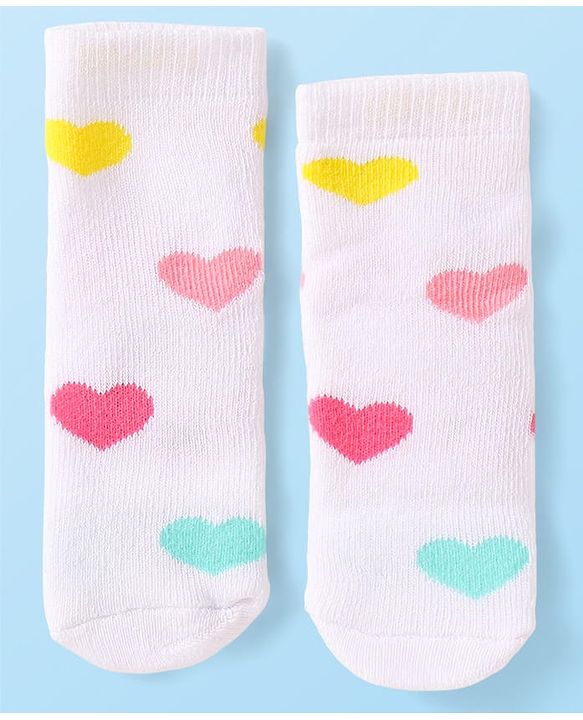 Cute Walk by Babyhug Terry Knit Ankle Length Antibacterial Socks with Stripes & Hearts Design Pack of 3 - Pink & White