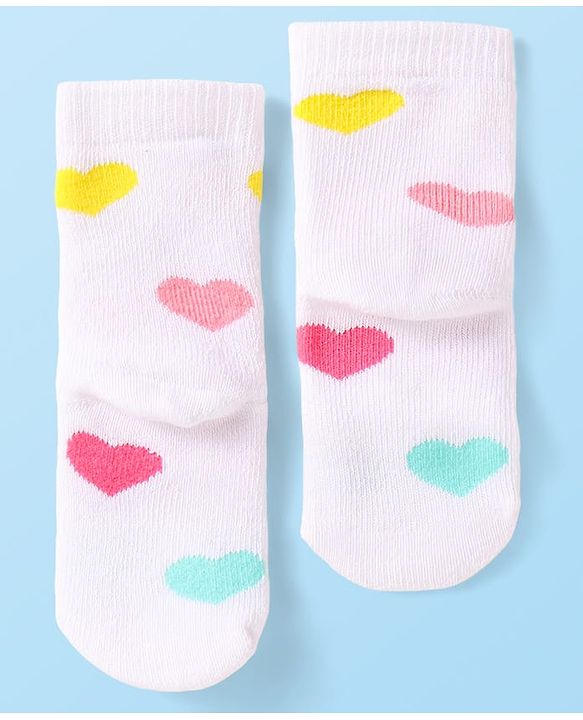 Cute Walk by Babyhug Terry Knit Ankle Length Antibacterial Socks with Stripes & Hearts Design Pack of 3 - Pink & White