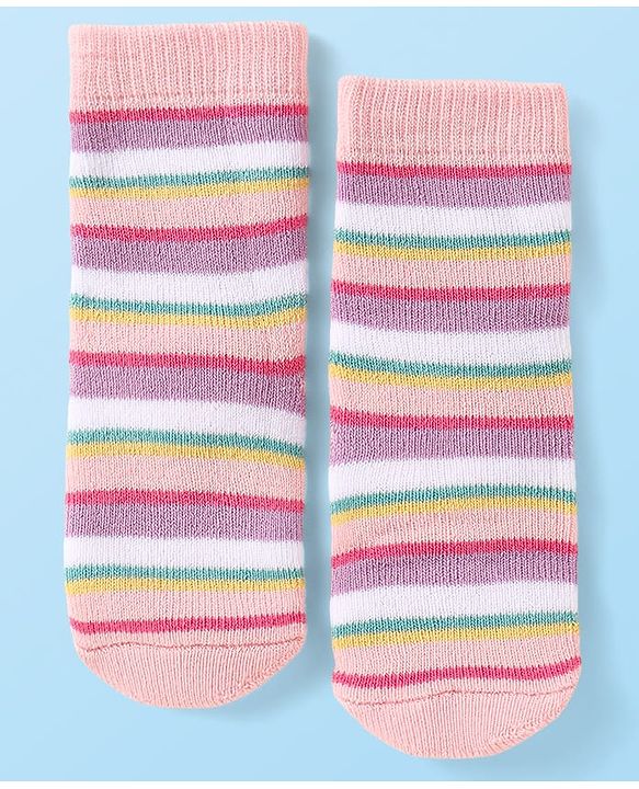 Cute Walk by Babyhug Terry Knit Ankle Length Antibacterial Socks with Stripes & Hearts Design Pack of 3 - Pink & White