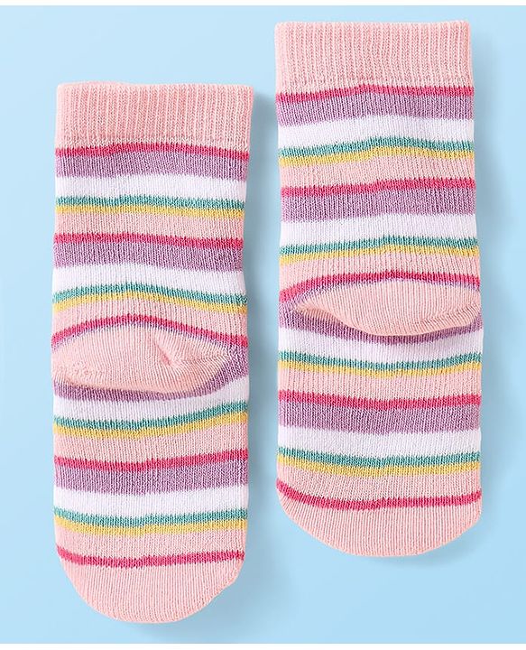Cute Walk by Babyhug Terry Knit Ankle Length Antibacterial Socks with Stripes & Hearts Design Pack of 3 - Pink & White