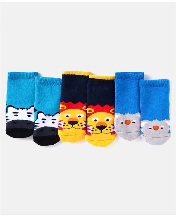 Cute Walk by Babyhug Ankle Length Antibacterial Socks with Animal Design Pack Of 3 - Blue & Yellow