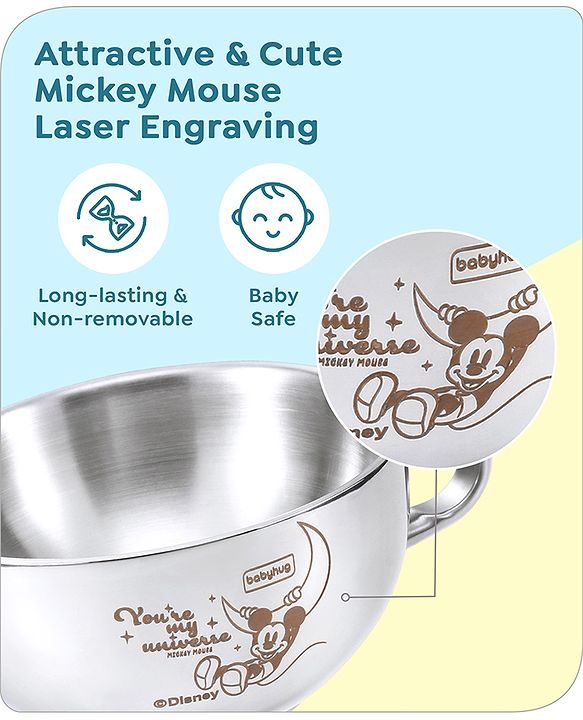 Babyhug Disney Mickey Mouse Steel Feeding Bowl with Spoon and Lid| Easy to Clean & Maintain| Encourage Self Feeding| Laser Print| Dishwasher Safe| Gifting Option Silver - 300 ml