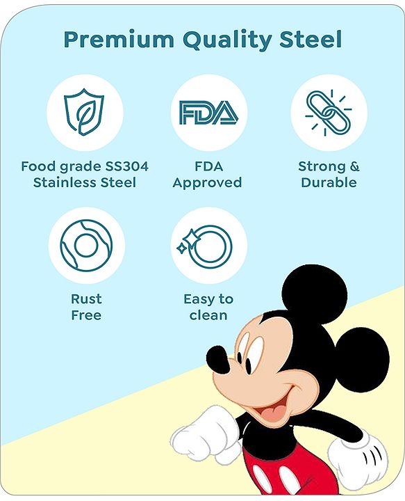 Babyhug Disney Mickey Mouse Steel Feeding Bowl with Spoon and Lid| Easy to Clean & Maintain| Encourage Self Feeding| Laser Print| Dishwasher Safe| Gifting Option Silver - 300 ml