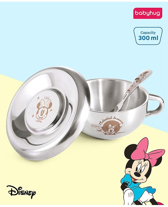 Babyhug Disney Minnie Mouse Steel Feeding Bowl with Spoon and Lid| Easy to Clean & Maintain| Encourage Self Feeding| Laser Print| Dishwasher Safe| Gifting Option Silver - 300 ml