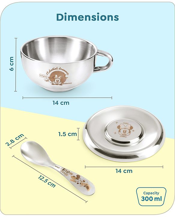 Babyhug Disney Minnie Mouse Steel Feeding Bowl with Spoon and Lid| Easy to Clean & Maintain| Encourage Self Feeding| Laser Print| Dishwasher Safe| Gifting Option Silver - 300 ml