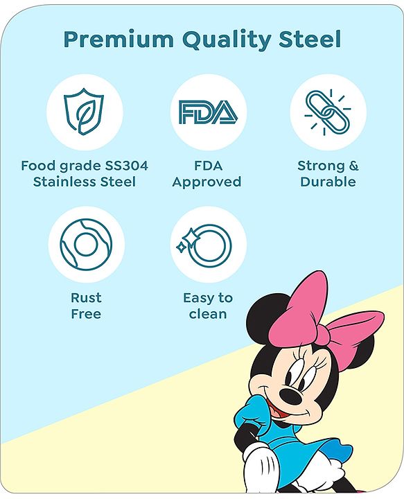 Babyhug Disney Minnie Mouse Steel Feeding Bowl with Spoon and Lid| Easy to Clean & Maintain| Encourage Self Feeding| Laser Print| Dishwasher Safe| Gifting Option Silver - 300 ml