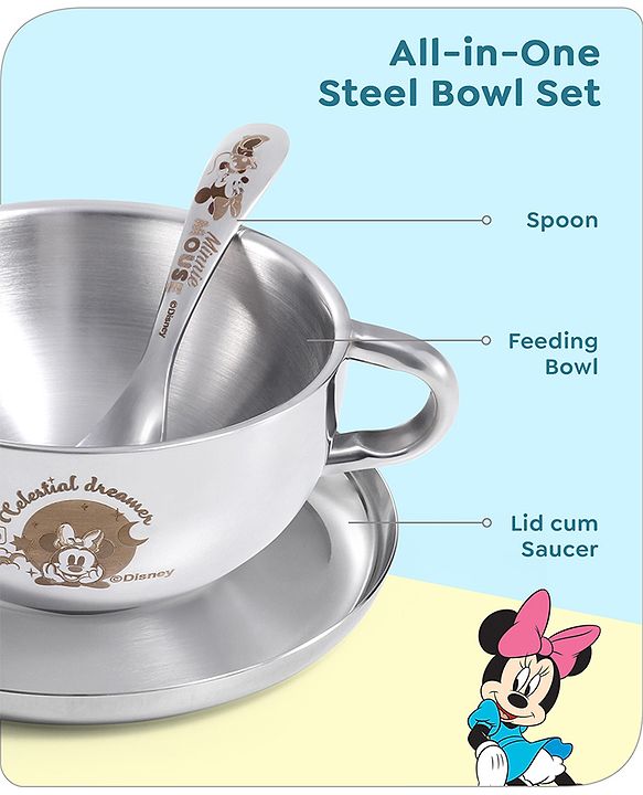 Babyhug Disney Minnie Mouse Steel Feeding Bowl with Spoon and Lid| Easy to Clean & Maintain| Encourage Self Feeding| Laser Print| Dishwasher Safe| Gifting Option Silver - 300 ml