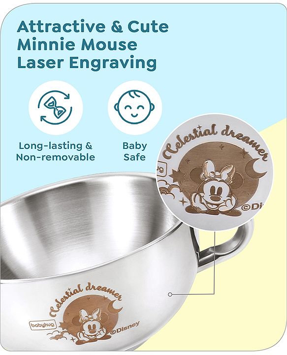 Babyhug Disney Minnie Mouse Steel Feeding Bowl with Spoon and Lid| Easy to Clean & Maintain| Encourage Self Feeding| Laser Print| Dishwasher Safe| Gifting Option Silver - 300 ml