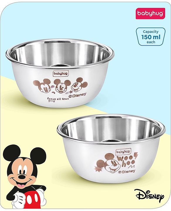 Babyhug Disney Mickey Mouse Stainless Steel Feeding Bowl Set | Easy to Clean & Maintain| Encourage Self Feeding| Laser Print| Dishwasher Safe| Gifting Option Silver Pack of  2 - 150 ml