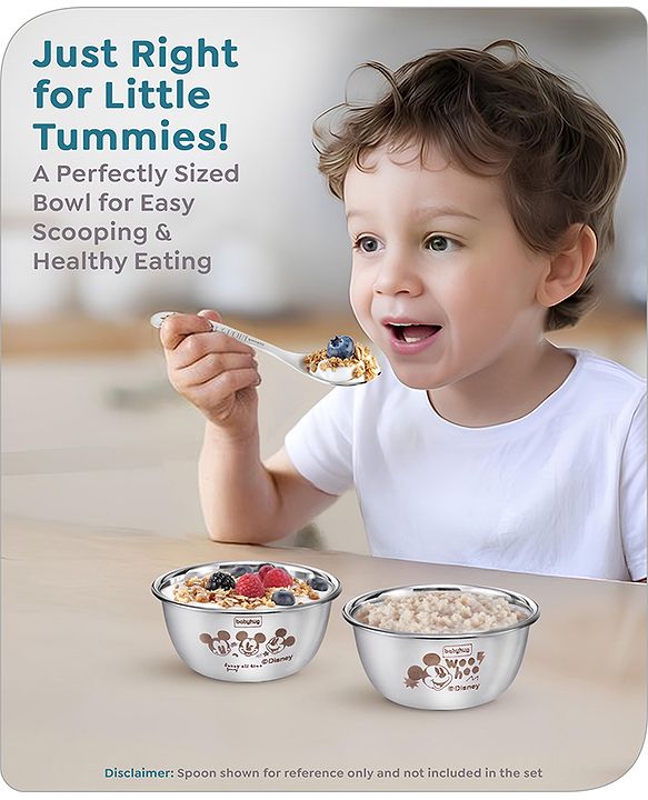 Babyhug Disney Mickey Mouse Stainless Steel Feeding Bowl Set | Easy to Clean & Maintain| Encourage Self Feeding| Laser Print| Dishwasher Safe| Gifting Option Silver Pack of  2 - 150 ml