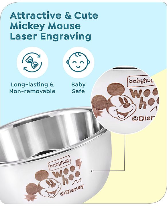 Babyhug Disney Mickey Mouse Stainless Steel Feeding Bowl Set | Easy to Clean & Maintain| Encourage Self Feeding| Laser Print| Dishwasher Safe| Gifting Option Silver Pack of  2 - 150 ml
