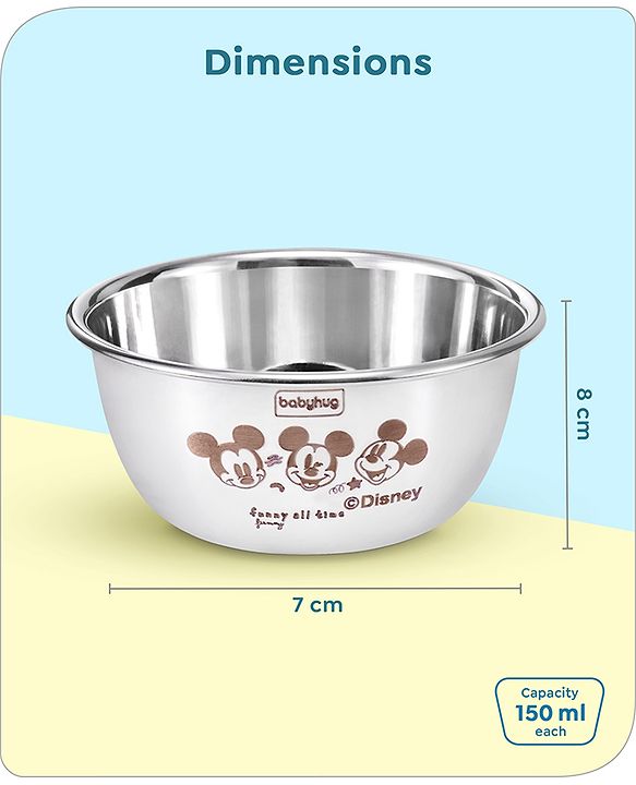 Babyhug Disney Mickey Mouse Stainless Steel Feeding Bowl Set | Easy to Clean & Maintain| Encourage Self Feeding| Laser Print| Dishwasher Safe| Gifting Option Silver Pack of  2 - 150 ml