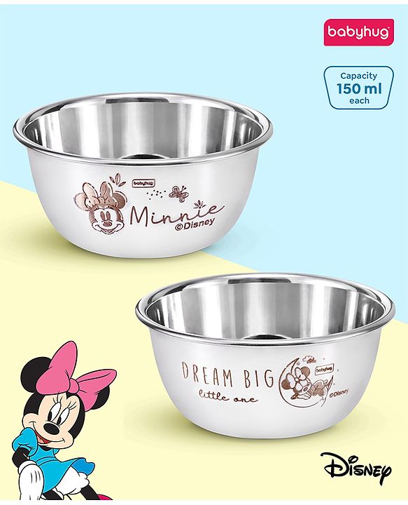 Babyhug Disney Mickey Mouse Stainless Steel Feeding Bowl Set | Easy to Clean & Maintain| Encourage Self Feeding| Laser Print| Dishwasher Safe| Gifting Option Silver Pack of  2 - 150 ml