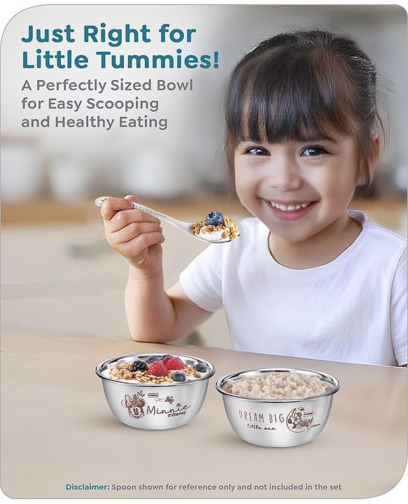 Babyhug Disney Mickey Mouse Stainless Steel Feeding Bowl Set | Easy to Clean & Maintain| Encourage Self Feeding| Laser Print| Dishwasher Safe| Gifting Option Silver Pack of  2 - 150 ml