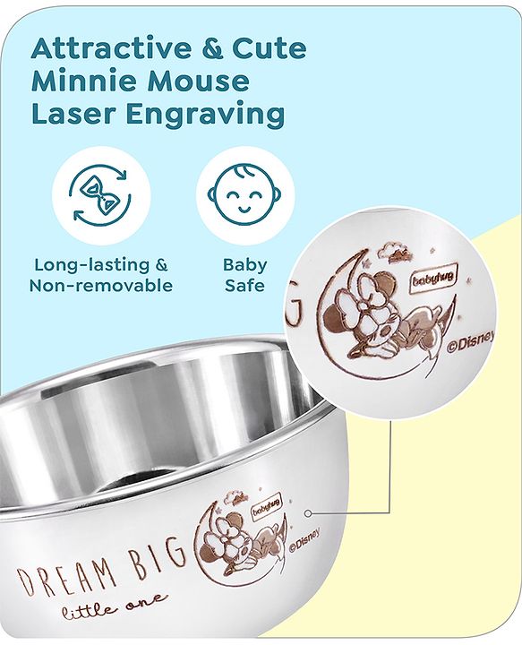 Babyhug Disney Mickey Mouse Stainless Steel Feeding Bowl Set | Easy to Clean & Maintain| Encourage Self Feeding| Laser Print| Dishwasher Safe| Gifting Option Silver Pack of  2 - 150 ml