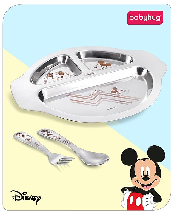 Babyhug Disney Mickey Mouse Stainless Steel 3 Section Plate with Spoon & Fork Set| Easy to Clean & Maintain| Encourage Self Feeding| Laser Print| Dishwasher Safe| Gifting Option - Silver