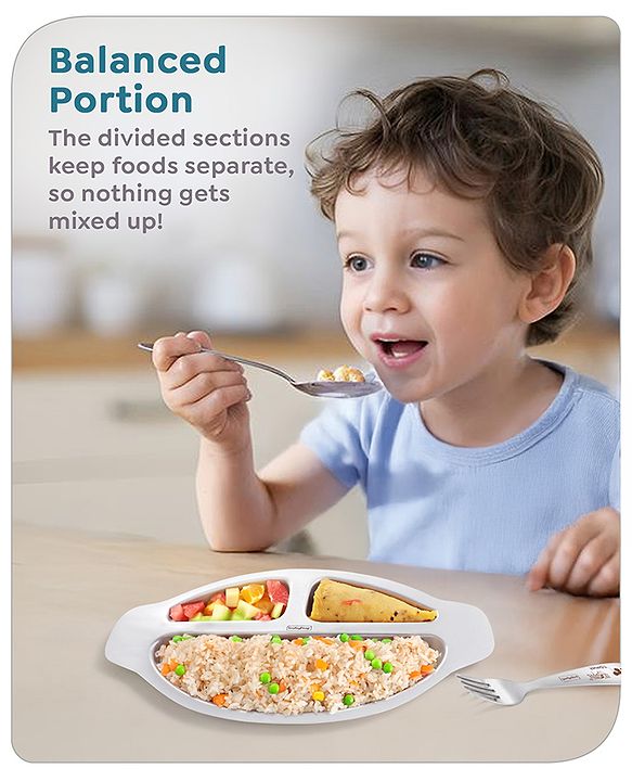 Babyhug Disney Mickey Mouse Stainless Steel 3 Section Plate with Spoon & Fork Set| Easy to Clean & Maintain| Encourage Self Feeding| Laser Print| Dishwasher Safe| Gifting Option - Silver