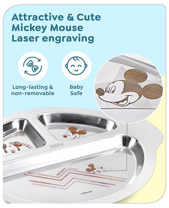 Babyhug Disney Mickey Mouse Stainless Steel 3 Section Plate with Spoon & Fork Set| Easy to Clean & Maintain| Encourage Self Feeding| Laser Print| Dishwasher Safe| Gifting Option - Silver