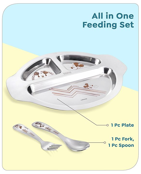 Babyhug Disney Mickey Mouse Stainless Steel 3 Section Plate with Spoon & Fork Set| Easy to Clean & Maintain| Encourage Self Feeding| Laser Print| Dishwasher Safe| Gifting Option - Silver