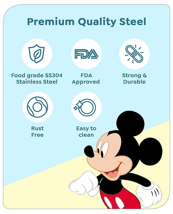 Babyhug Disney Mickey Mouse Stainless Steel 3 Section Plate with Spoon & Fork Set| Easy to Clean & Maintain| Encourage Self Feeding| Laser Print| Dishwasher Safe| Gifting Option - Silver
