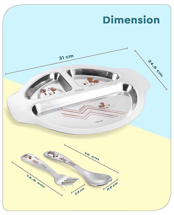 Babyhug Disney Mickey Mouse Stainless Steel 3 Section Plate with Spoon & Fork Set| Easy to Clean & Maintain| Encourage Self Feeding| Laser Print| Dishwasher Safe| Gifting Option - Silver