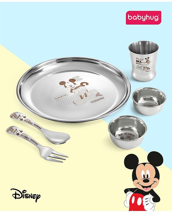 Babyhug Disney Mickey Mouse Stainless Steel Dinner Set Round - 6 Pieces| Easy to Clean & Maintain| Encourage Self Feeding| Laser Print| Dishwasher Safe| Gifting Option - Silver