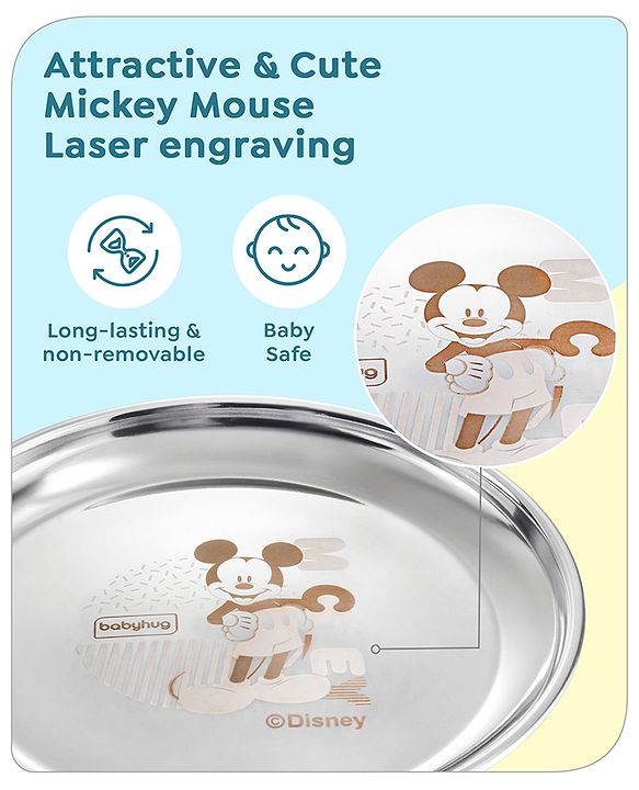 Babyhug Disney Mickey Mouse Stainless Steel Dinner Set Round - 6 Pieces| Easy to Clean & Maintain| Encourage Self Feeding| Laser Print| Dishwasher Safe| Gifting Option - Silver