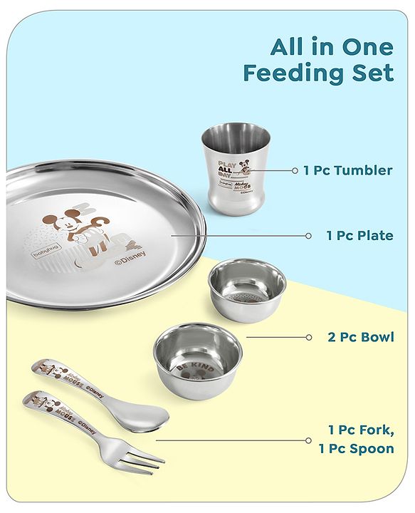 Babyhug Disney Mickey Mouse Stainless Steel Dinner Set Round - 6 Pieces| Easy to Clean & Maintain| Encourage Self Feeding| Laser Print| Dishwasher Safe| Gifting Option - Silver