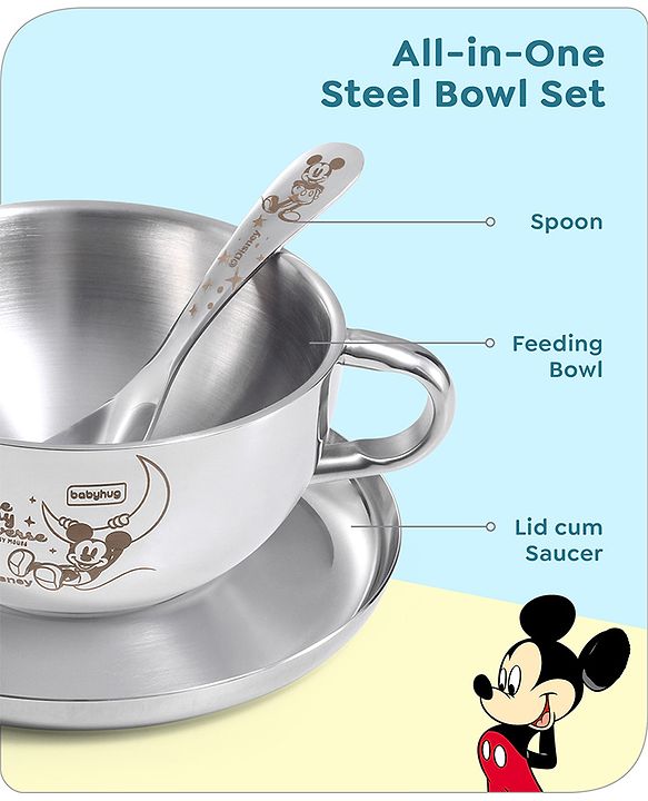 Babyhug Disney Mickey Mouse Stainless Steel Dinner Set Round - 6 Pieces| Easy to Clean & Maintain| Encourage Self Feeding| Laser Print| Dishwasher Safe| Gifting Option - Silver