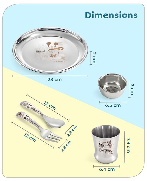 Babyhug Disney Mickey Mouse Stainless Steel Dinner Set Round - 6 Pieces| Easy to Clean & Maintain| Encourage Self Feeding| Laser Print| Dishwasher Safe| Gifting Option - Silver
