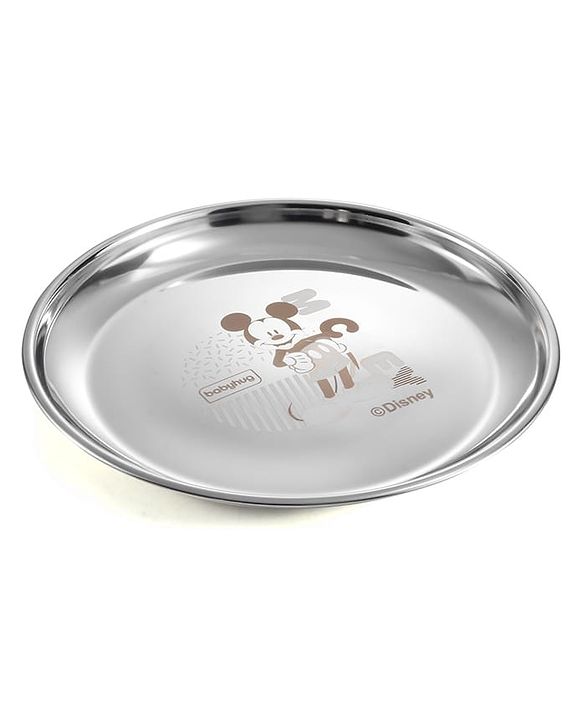 Babyhug Disney Mickey Mouse Stainless Steel Dinner Set Round - 6 Pieces| Easy to Clean & Maintain| Encourage Self Feeding| Laser Print| Dishwasher Safe| Gifting Option - Silver