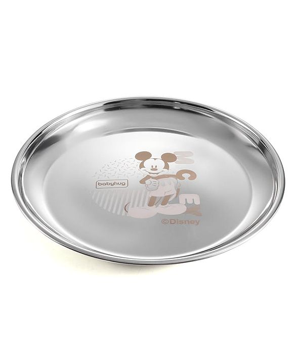 Babyhug Disney Mickey Mouse Stainless Steel Dinner Set Round - 6 Pieces| Easy to Clean & Maintain| Encourage Self Feeding| Laser Print| Dishwasher Safe| Gifting Option - Silver