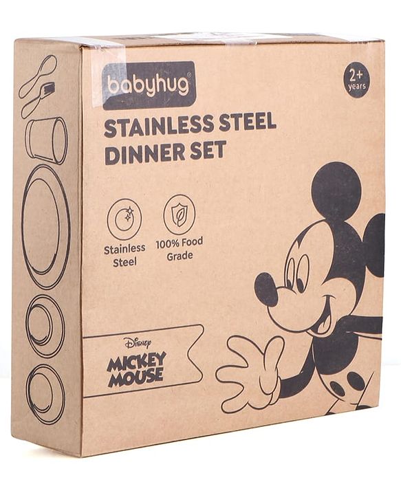 Babyhug Disney Mickey Mouse Stainless Steel Dinner Set Round - 6 Pieces| Easy to Clean & Maintain| Encourage Self Feeding| Laser Print| Dishwasher Safe| Gifting Option - Silver