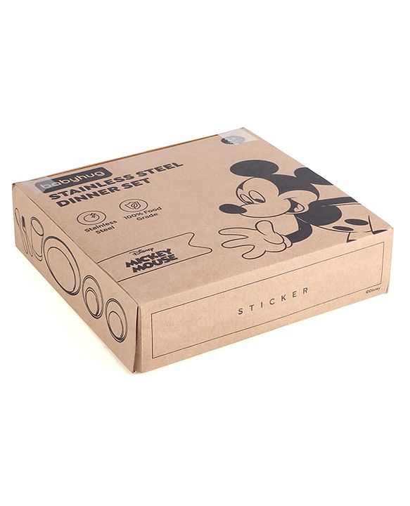Babyhug Disney Mickey Mouse Stainless Steel Dinner Set Round - 6 Pieces| Easy to Clean & Maintain| Encourage Self Feeding| Laser Print| Dishwasher Safe| Gifting Option - Silver