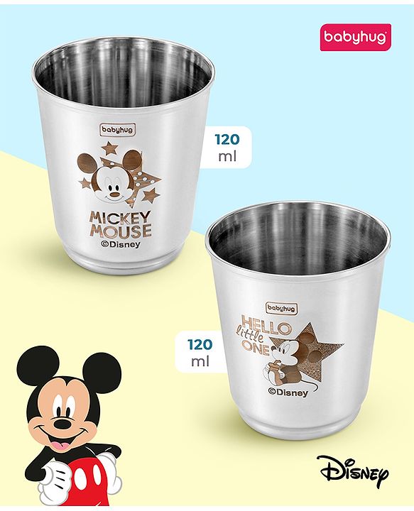 Babyhug Disney Minnie Mouse Stainless Steel Tumbler Set of 2 | Easy to Clean & Maintain| Encourage Self Feeding| Laser Print| Dishwasher Safe| Gifting Option Silver - 120 ml