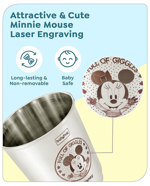 Babyhug Disney Minnie Mouse Stainless Steel Tumbler Set of 2 | Easy to Clean & Maintain| Encourage Self Feeding| Laser Print| Dishwasher Safe| Gifting Option Silver - 120 ml