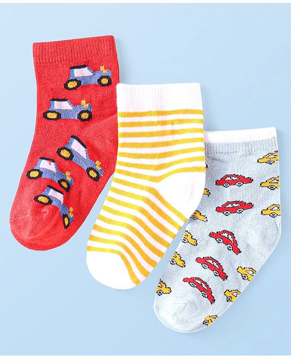 Cute Walk by Babyhug Ankle Length Antibacterial Socks with Vehicle Design Pack Of 3 - White & Red
