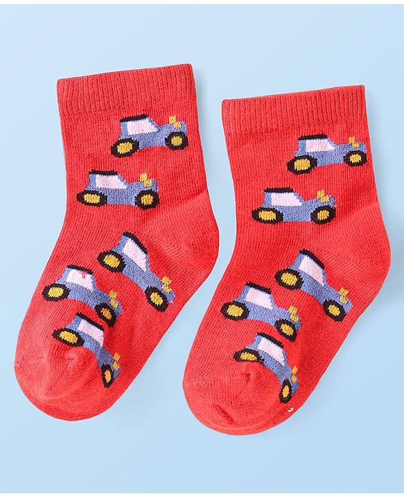 Cute Walk by Babyhug Ankle Length Antibacterial Socks with Vehicle Design Pack Of 3 - White & Red