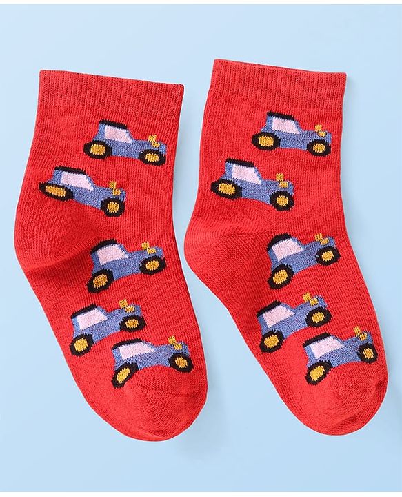 Cute Walk by Babyhug Ankle Length Antibacterial Socks with Vehicle Design Pack Of 3 - White & Red