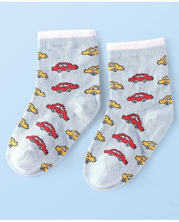 Cute Walk by Babyhug Ankle Length Antibacterial Socks with Vehicle Design Pack Of 3 - White & Red