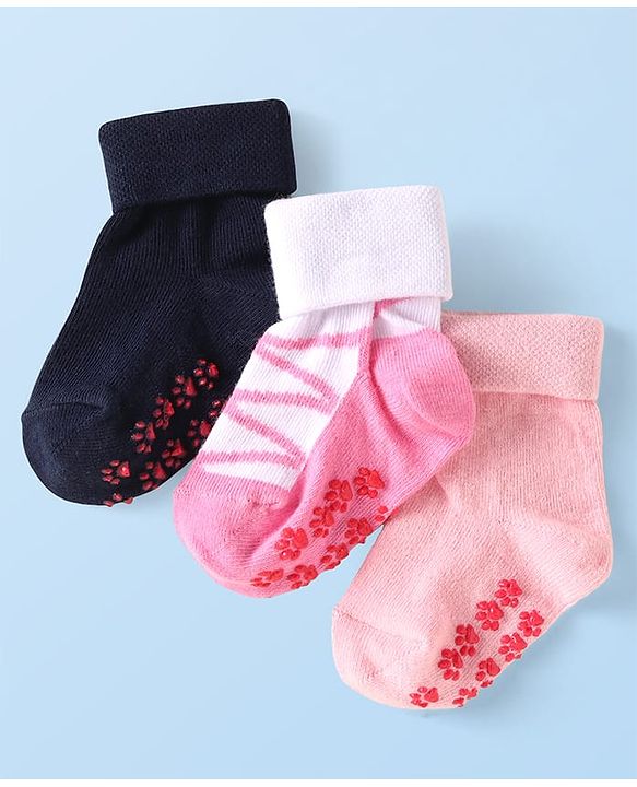 Cute Walk by Babyhug Ankle Length Antibacterial Socks with Floral Design Pack Of 3 - Blue Pink & White
