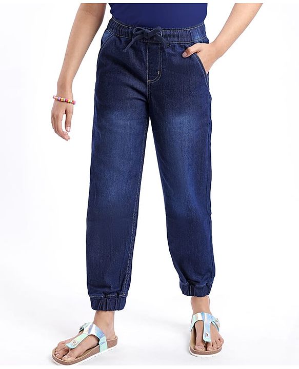 Pine Kids Woven Full Length Solid Washed Denim Jeans - Navy Blue