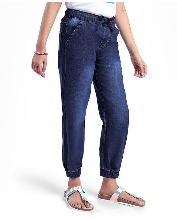 Pine Kids Woven Full Length Solid Washed Denim Jeans - Navy Blue