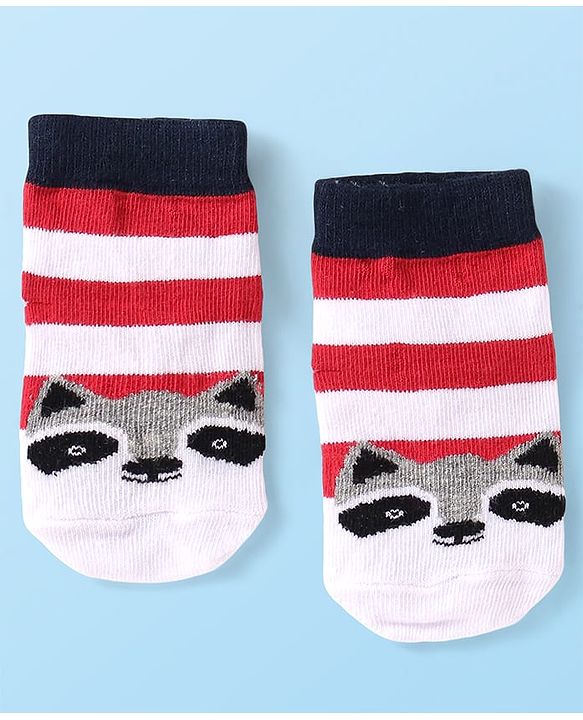 Cutewalk by Babyhug Anti-Bacterial Ankle Length Anti-Skid Sock with Raccoon Design - Black & Red