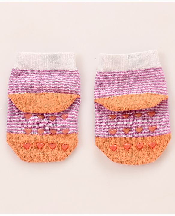 Cutewalk by Babyhug Non Terry knit Anti-Bacterial Ankle Length Anti-Skid Sock with Strips Design - Dark Pink