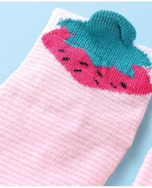 Cutewalk by Babyhug Non Terry Knit Anti-Bacterial Ankle Length Anti-Skid Socks with Strawberry Applique - Baby Pink