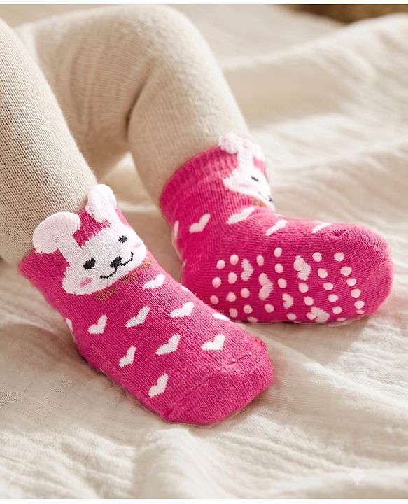 Cutewalk by Babyhug Non Terry Knit Anti-Bacterial Ankle Length Anti-Skid Socks with Bunny Applique - Dark Pink
